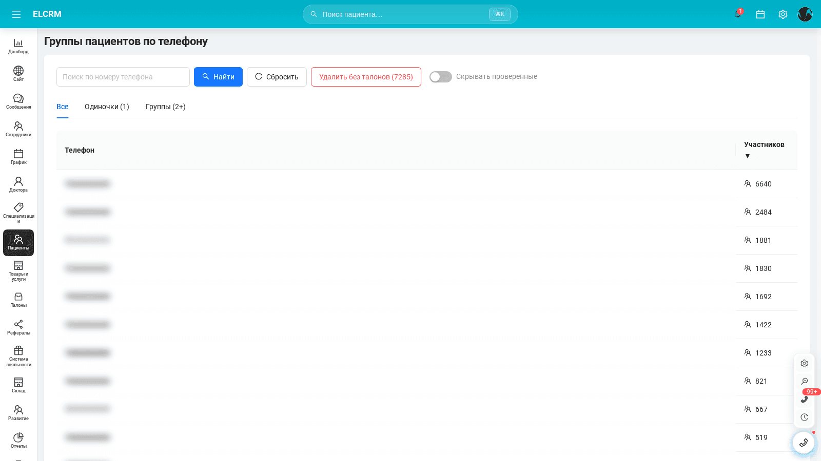 Группы пациентов по телефону в El CRM для поиска и объединения дублей